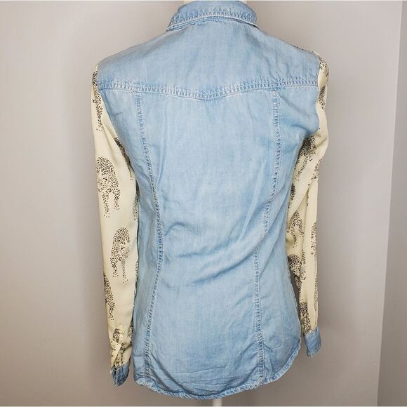 ZARA top cheetah chiffon chambray button up‎ shirt S - Picture 6 of 9